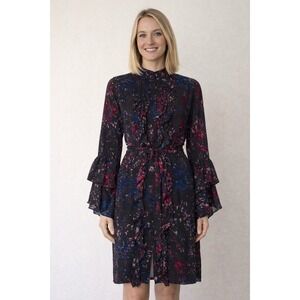 Vicky Tiel Floral Print Knee-Length Shirt Dress long sleeves Large